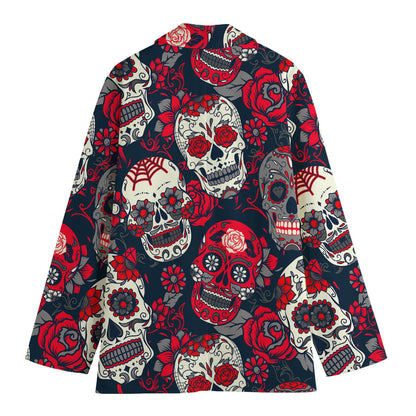 White Red Sugar Skull Pattern Print Women's Blazer