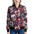 White Red Sugar Skull Pattern Print Women's Bomber Jacket