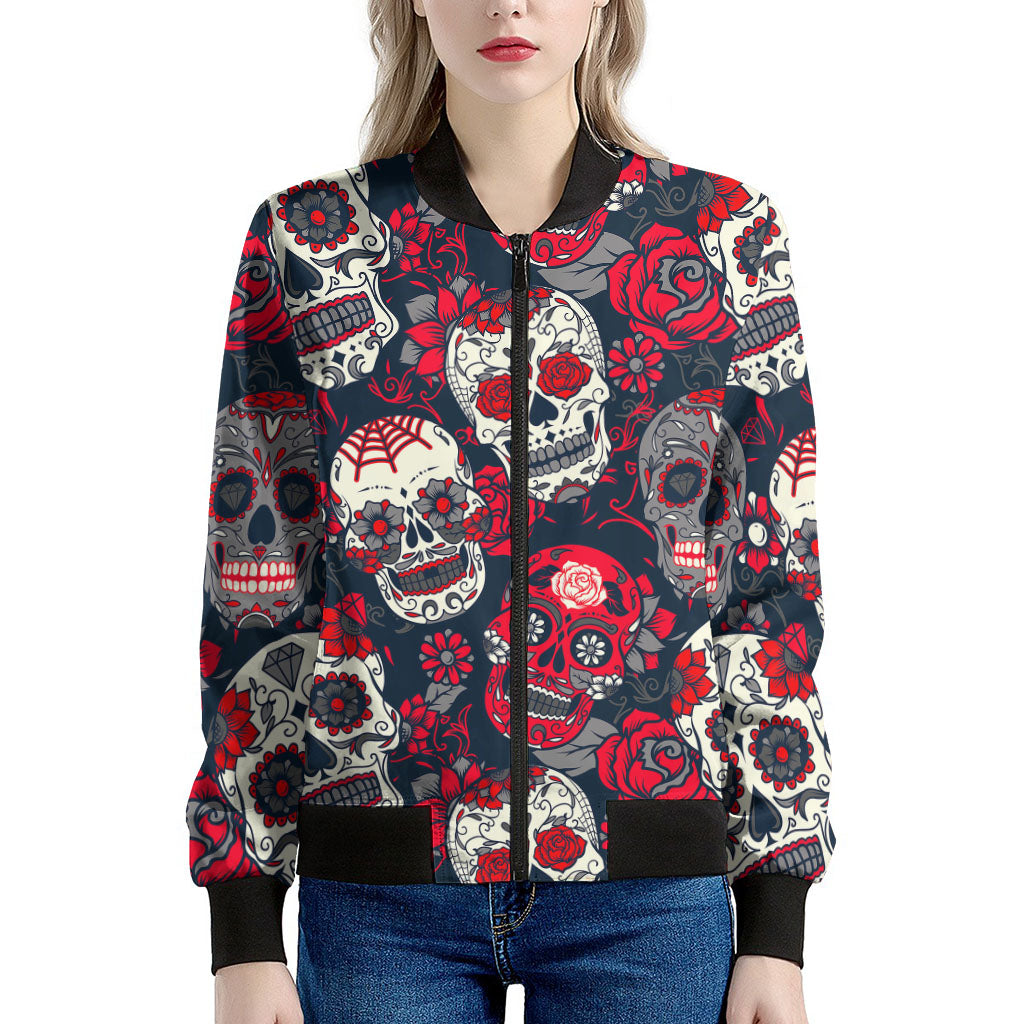 White Red Sugar Skull Pattern Print Women's Bomber Jacket