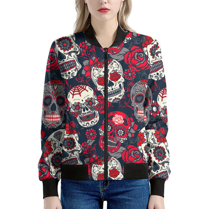 White Red Sugar Skull Pattern Print Women's Bomber Jacket