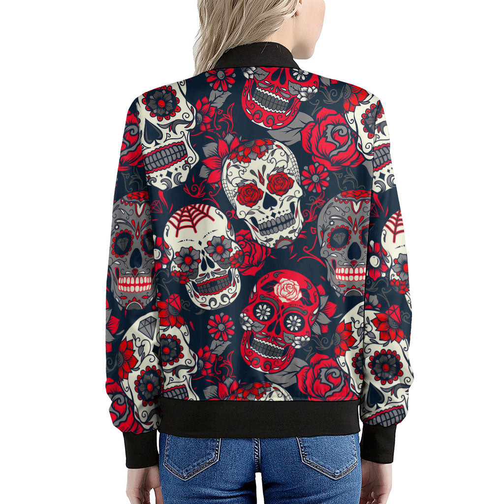 White Red Sugar Skull Pattern Print Women's Bomber Jacket