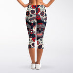 White Red Sugar Skull Pattern Print Women's Capri Leggings