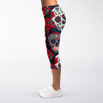 White Red Sugar Skull Pattern Print Women's Capri Leggings