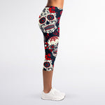 White Red Sugar Skull Pattern Print Women's Capri Leggings