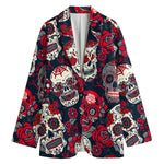 White Red Sugar Skull Pattern Print Women's Cotton Blazer