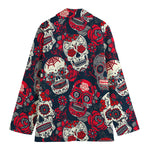 White Red Sugar Skull Pattern Print Women's Cotton Blazer