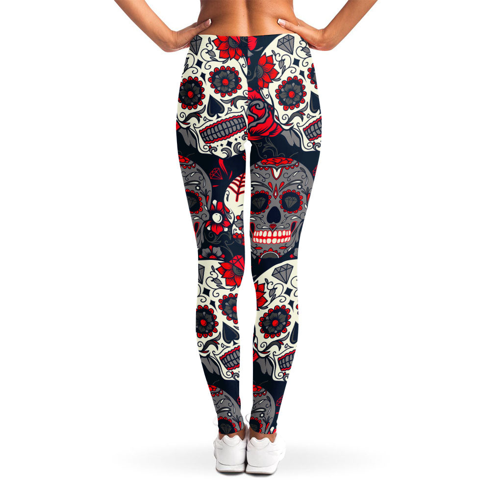 White Red Sugar Skull Pattern Print Women's Leggings
