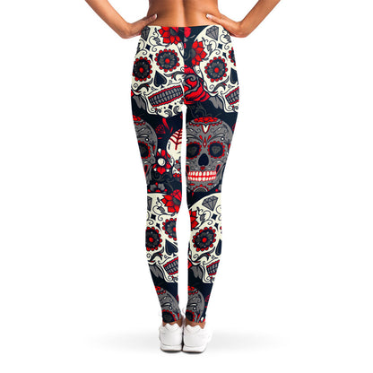 White Red Sugar Skull Pattern Print Women's Leggings
