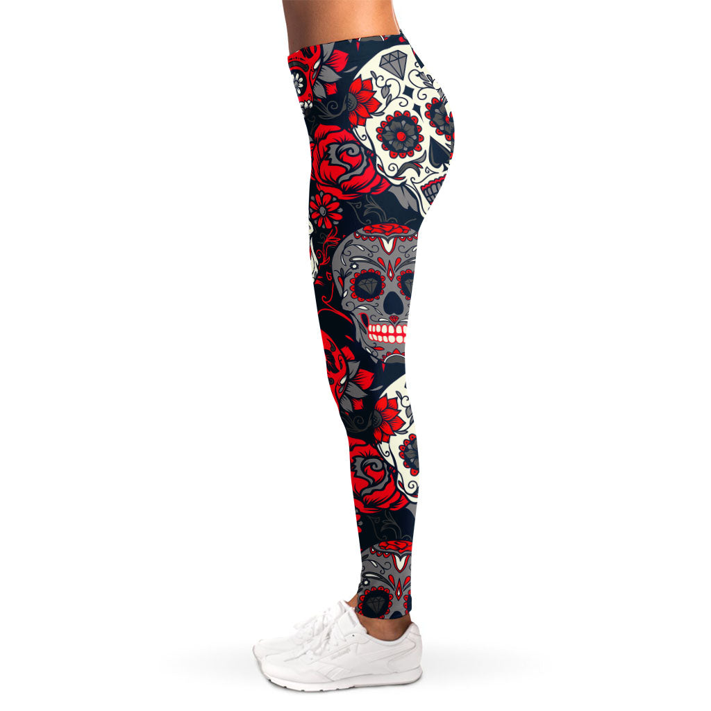 White Red Sugar Skull Pattern Print Women's Leggings