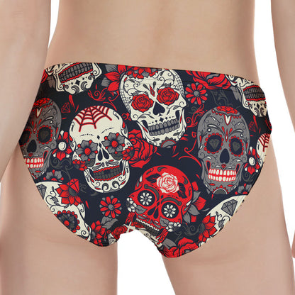 White Red Sugar Skull Pattern Print Women's Panties