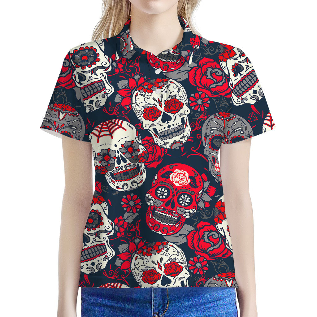 White Red Sugar Skull Pattern Print Women's Polo Shirt