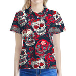 White Red Sugar Skull Pattern Print Women's Polo Shirt