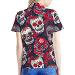 White Red Sugar Skull Pattern Print Women's Polo Shirt