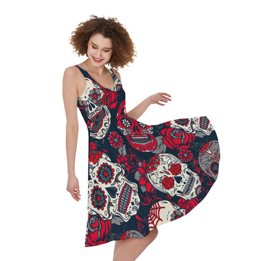 White Red Sugar Skull Pattern Print Women's Sleeveless Dress