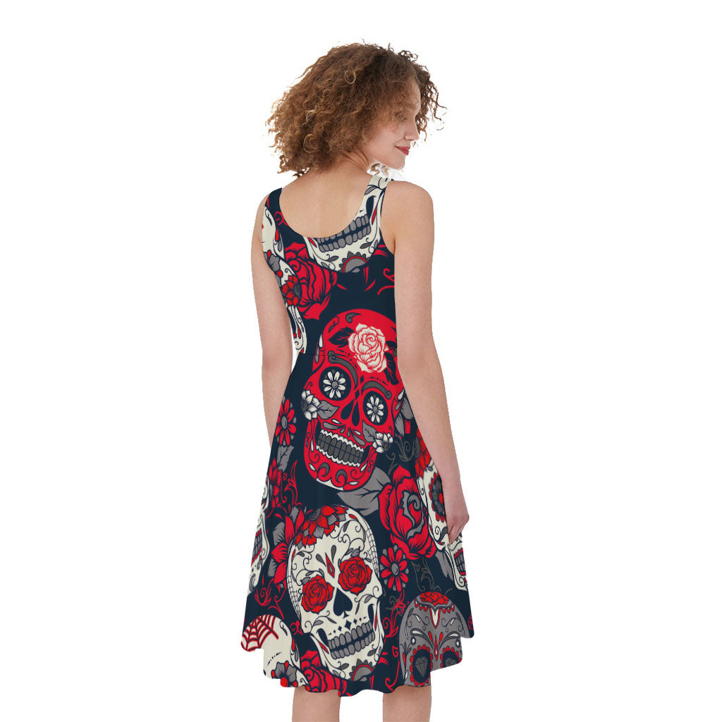 White Red Sugar Skull Pattern Print Women's Sleeveless Dress