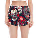White Red Sugar Skull Pattern Print Women's Split Running Shorts