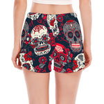 White Red Sugar Skull Pattern Print Women's Split Running Shorts