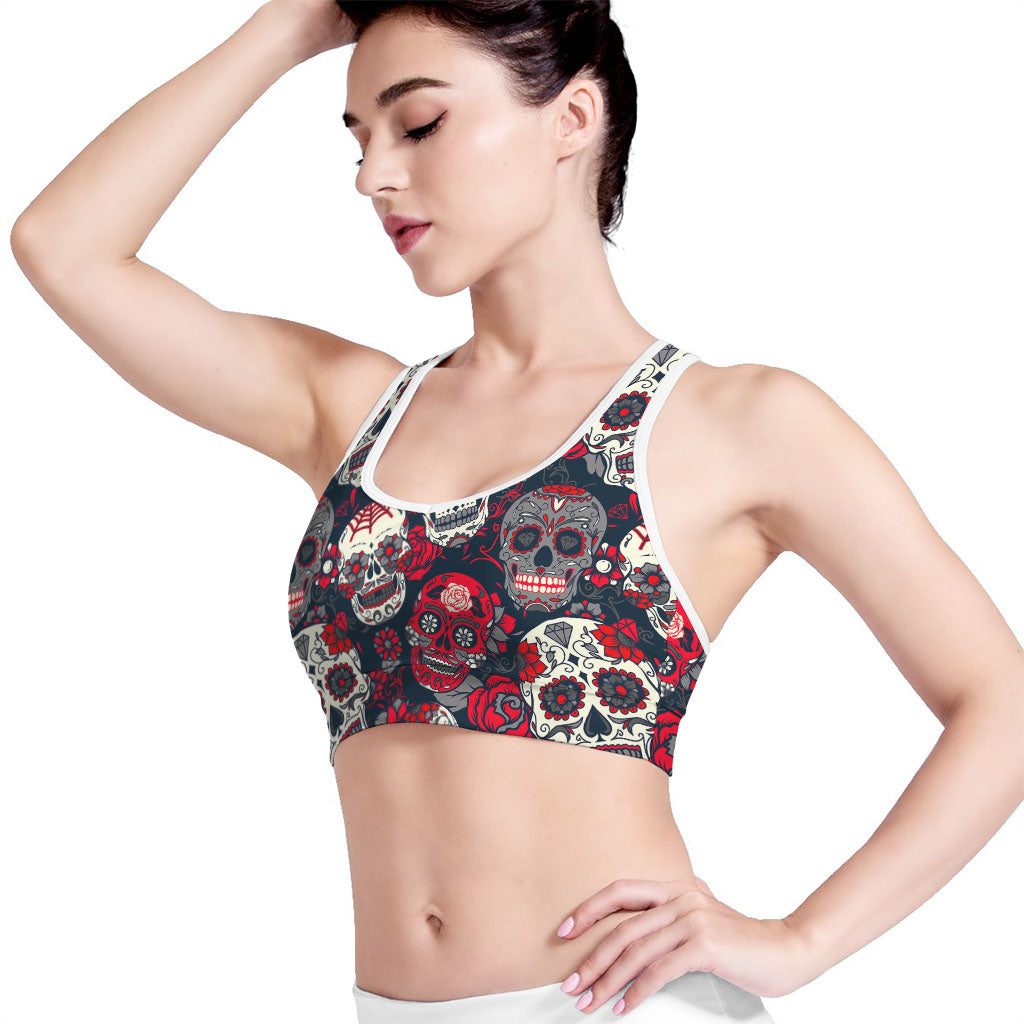 White Red Sugar Skull Pattern Print Women's Sports Bra