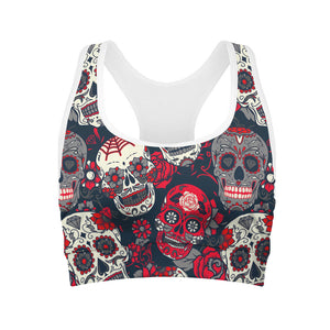 White Red Sugar Skull Pattern Print Women's Sports Bra