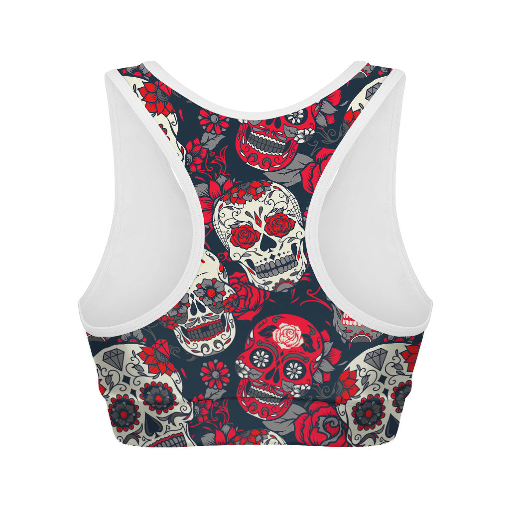 White Red Sugar Skull Pattern Print Women's Sports Bra