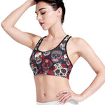 White Red Sugar Skull Pattern Print Women's Sports Bra