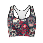 White Red Sugar Skull Pattern Print Women's Sports Bra