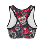 White Red Sugar Skull Pattern Print Women's Sports Bra