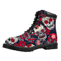 White Red Sugar Skull Pattern Print Padded Collar Lace Up Boots