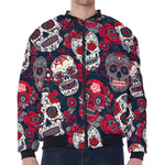 White Red Sugar Skull Pattern Print Zip Sleeve Bomber Jacket