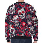 White Red Sugar Skull Pattern Print Zip Sleeve Bomber Jacket