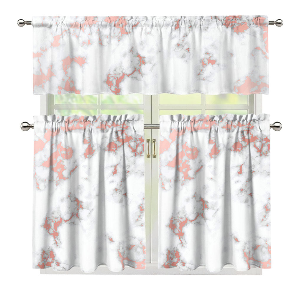 White Rose Gold Marble Print 3 Piece Kitchen Curtains