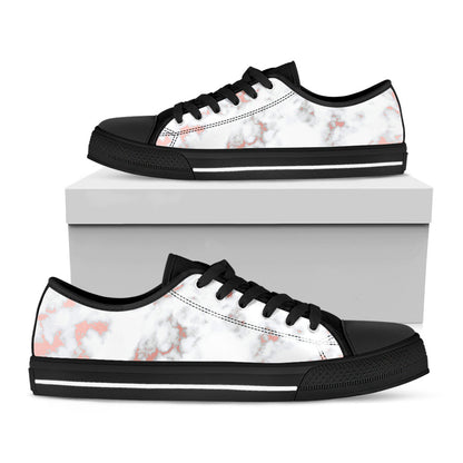 White Rose Gold Marble Print Black Low Top Sneakers