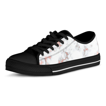 White Rose Gold Marble Print Black Low Top Sneakers