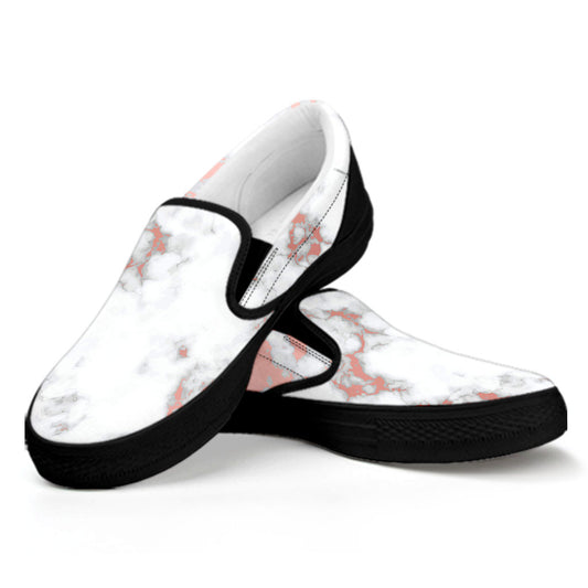 White Rose Gold Marble Print Black Slip On Sneakers