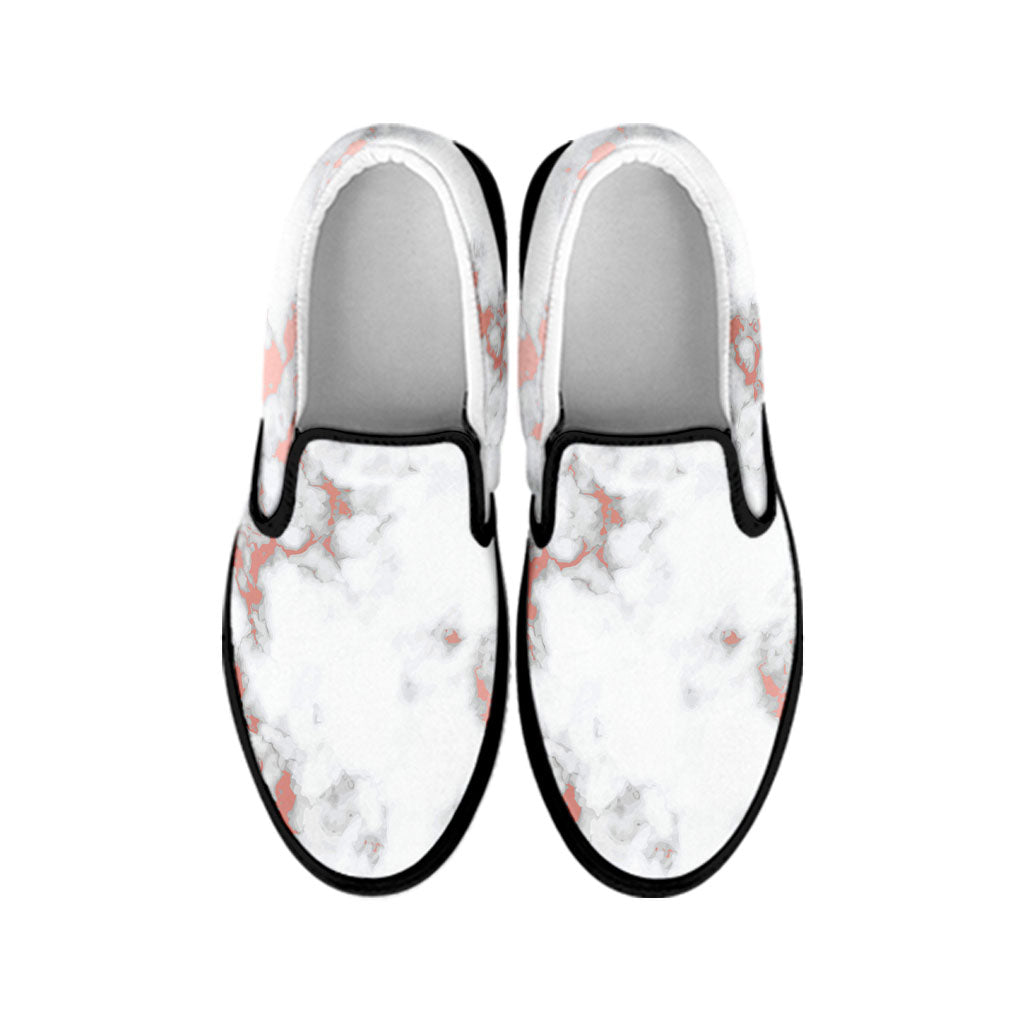 White Rose Gold Marble Print Black Slip On Sneakers