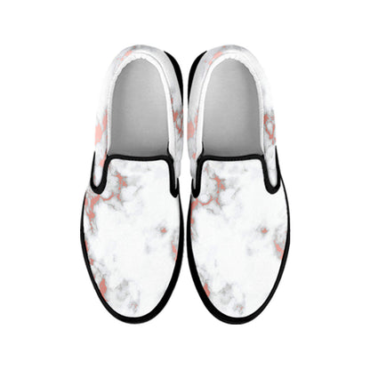 White Rose Gold Marble Print Black Slip On Sneakers