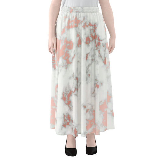 White Rose Gold Marble Print Chiffon Maxi Skirt