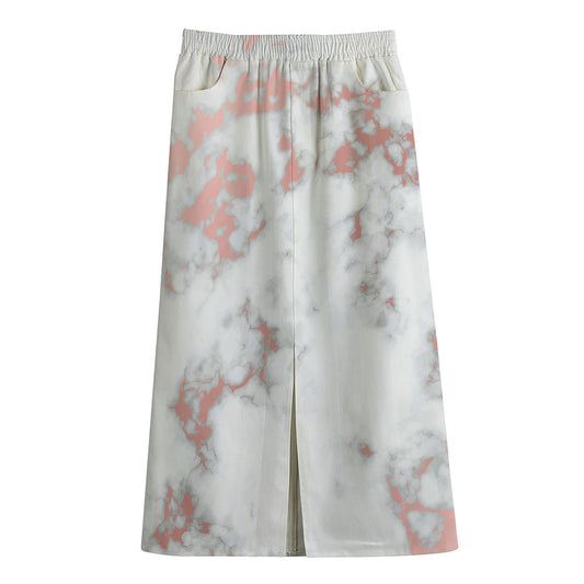 White Rose Gold Marble Print Cotton Front Slit Maxi Skirt
