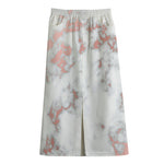 White Rose Gold Marble Print Cotton Front Slit Maxi Skirt