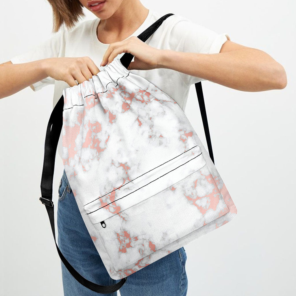 White Rose Gold Marble Print Drawstring Backpack
