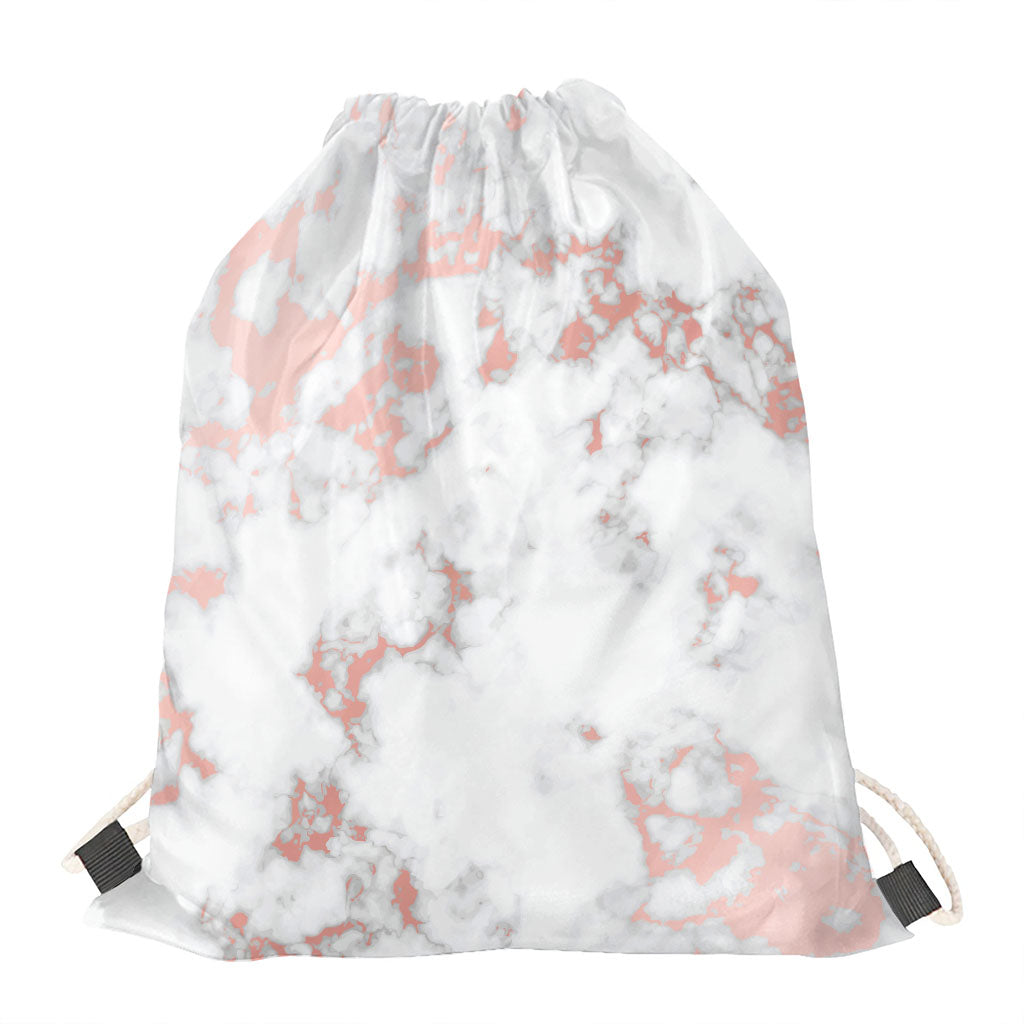 White Rose Gold Marble Print Drawstring Bag