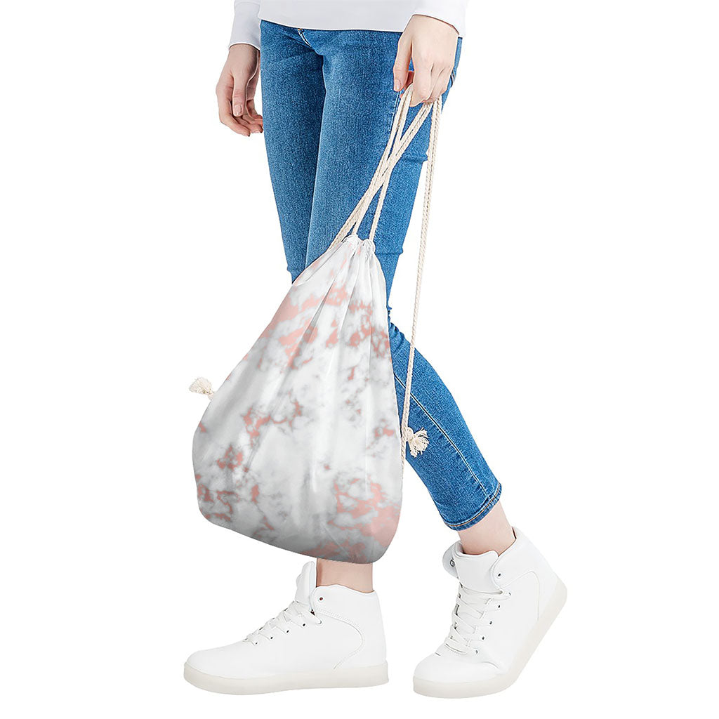 White Rose Gold Marble Print Drawstring Bag