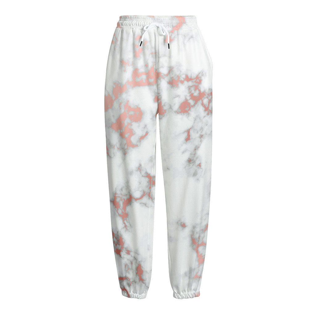 White Rose Gold Marble Print Fleece Lined Knit Pants