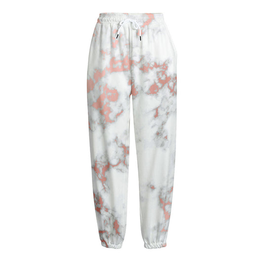 White Rose Gold Marble Print Fleece Lined Knit Pants