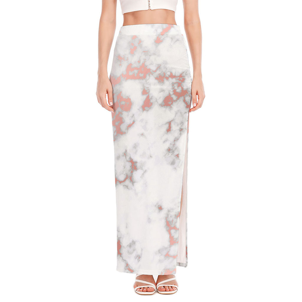 White Rose Gold Marble Print High Slit Maxi Skirt