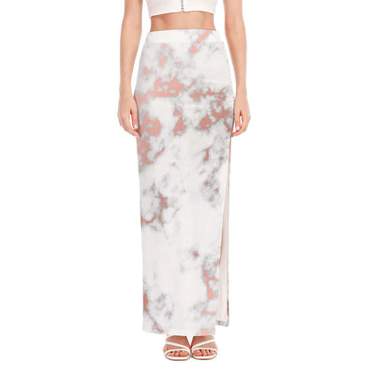 White Rose Gold Marble Print High Slit Maxi Skirt