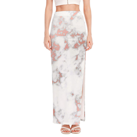 White Rose Gold Marble Print High Slit Maxi Skirt