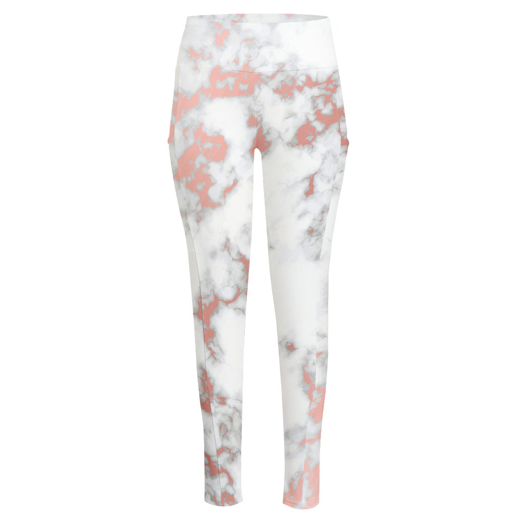 White Rose Gold Marble Print High-Waisted Pocket Leggings