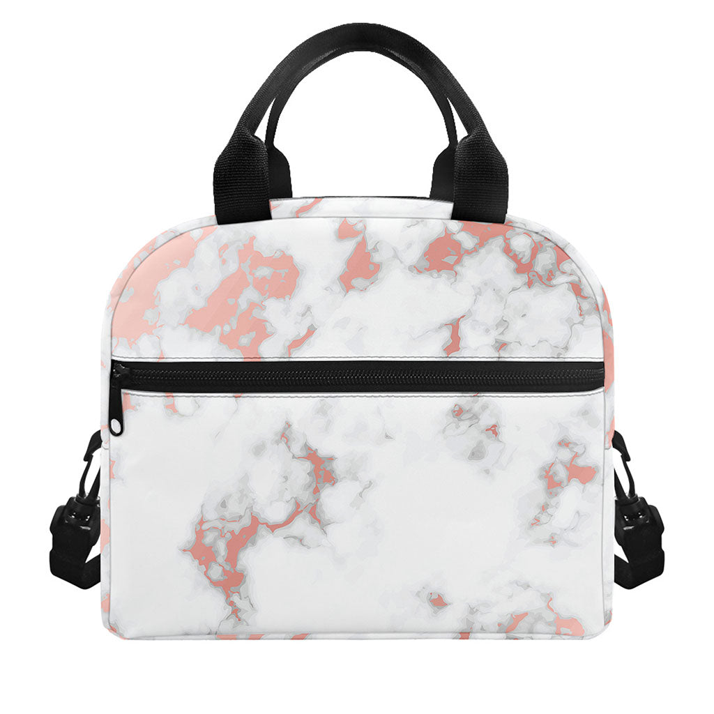 White Rose Gold Marble Print Insulated Lunch Bag