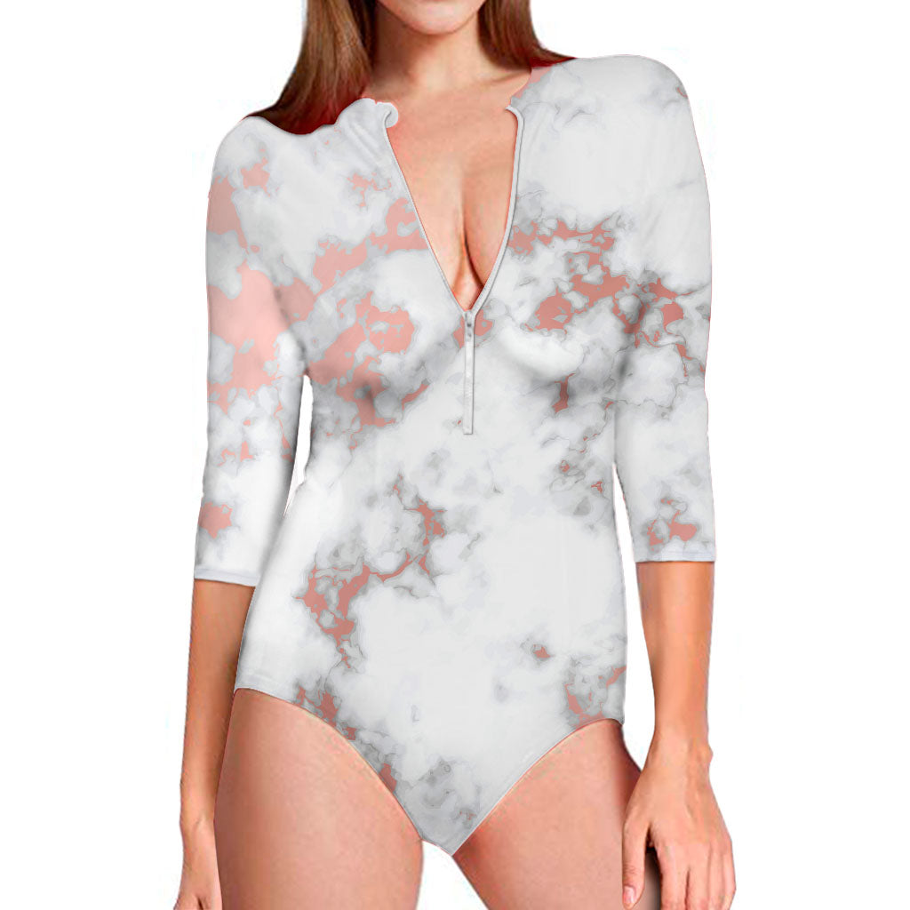 White Rose Gold Marble Print Long Sleeve Swimsuit